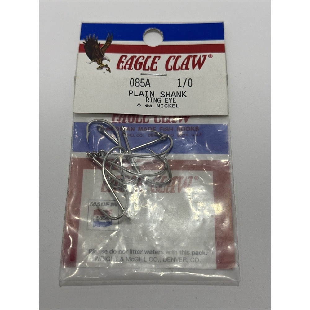 Eagle Claw 085A 1/0 Plain Shank Hooks Nickel Size 1/0 Wright McGill USA 8 Pack